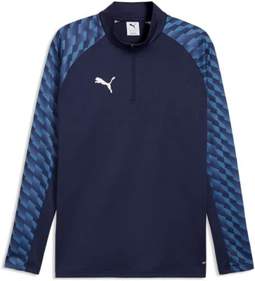 Dunkelblaues Puma-Oberteil mit weißem Logo und blauem Muster auf den Ärmeln. Dunkelblaues Puma-Oberteil mit weißem Logo und blauem Muster auf den Ärmeln.