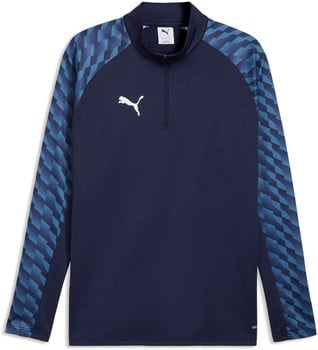 Dunkelblaues Puma-Oberteil mit weißem Logo und blauem Muster auf den Ärmeln.