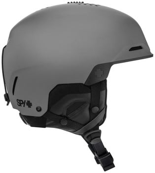Ein grauer SPY+ Skihelm mit verstellbaren Riemen und Belüftung.