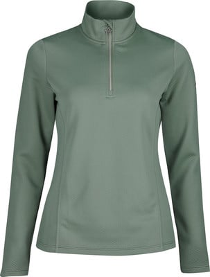 Grüner Damenpullover mit kurzem Reißverschluss und Stehkragen, mit feinem Muster. Grüner Damenpullover mit kurzem Reißverschluss und Stehkragen, mit feinem Muster.