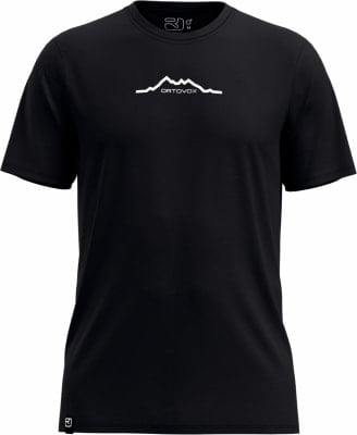 Schwarzes T-Shirt mit weißem Berglogo und Schriftzug ORTOVOX. Schwarzes T-Shirt mit weißem Berglogo und Schriftzug ORTOVOX.