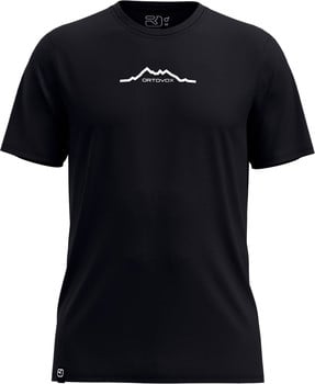 Schwarzes T-Shirt mit weißem Berglogo und Schriftzug ORTOVOX.