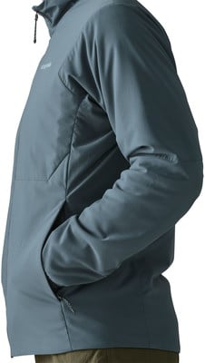 Blaue Jacke mit dunkelblauen Details und Taschen auf der Vorderseite.