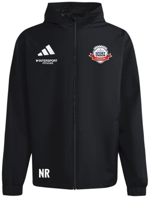 Schwarze Jacke mit Adidas, Intersport und Sportunion Logo.