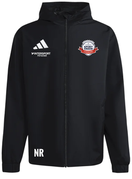 Schwarze Jacke mit Adidas, Intersport und Sportunion Logo.