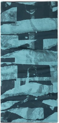 Blauer Buff-Schlauchschal mit abstraktem Muster und Logo. Blauer Buff-Schlauchschal mit abstraktem Muster und Logo.