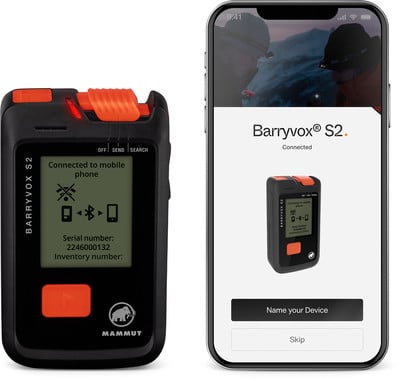 Mammut Barryvox S2 Lawinensuchgerät verbunden mit Handy. Mammut Barryvox S2 Lawinensuchgerät verbunden mit Handy.