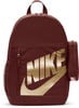 Tmavě vínový batoh Nike se zlatým logem a bočními kapsami.