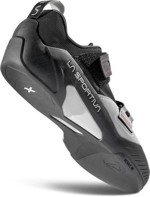 Ein schwarzer La Sportiva Kletterschuh mit grauen Elementen und Markenlogo. Ein schwarzer La Sportiva Kletterschuh mit grauen Elementen und Markenlogo.