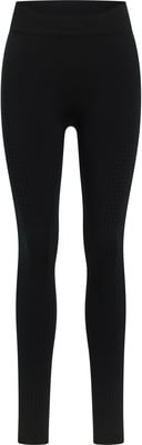 Schwarze nahtlose Leggings mit feinem Muster über die gesamte Länge. Schwarze nahtlose Leggings mit feinem Muster über die gesamte Länge.