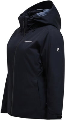 Dunkelblaue Peak Performance Jacke mit Kapuze und Logo auf dem Ärmel.
