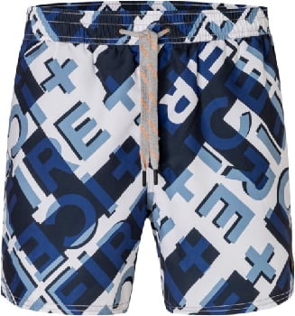 Herren-Badeshorts mit blau-weißem Buchstabenmuster und Kordelzug.