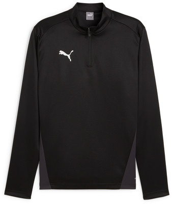 Schwarzes Puma-Sweatshirt für Herren mit weißem Logo und halbem Reißverschluss. Schwarzes Puma-Sweatshirt für Herren mit weißem Logo und halbem Reißverschluss.