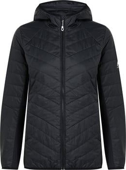 Schwarze Steppjacke mit Kapuze und durchgehendem Reißverschluss.
