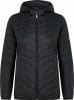Schwarze Steppjacke mit Kapuze und durchgehendem Reißverschluss.