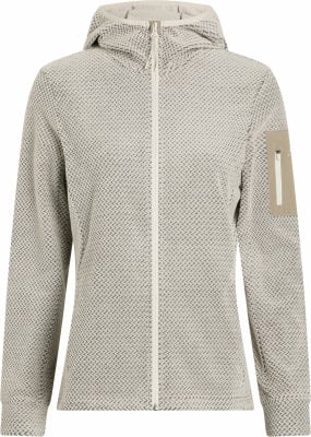 Damen hellgraue Fleecejacke mit Muster und Kapuze. Damen hellgraue Fleecejacke mit Muster und Kapuze.