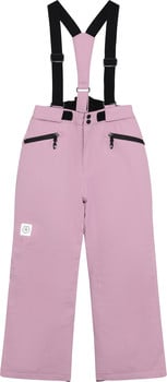 Rosa Skihose mit schwarzen Hosenträgern und Reißverschlüssen.