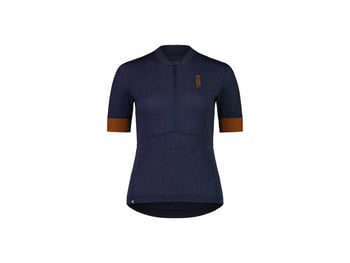 Dámský cyklistický dres tmavě modré barvy s oranžovými puntíky a hnědými rukávy.