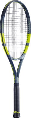Tennisschläger mit dunkelblauem Rahmen und gelben Akzenten.