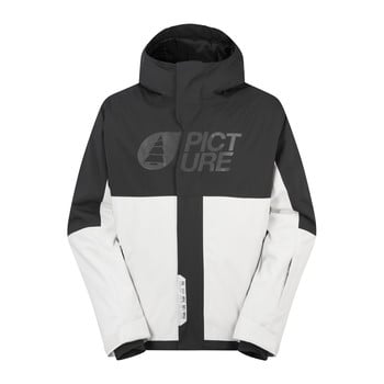 Schwarze und weiße Skijacke mit Picture Organic Clothing Logo.