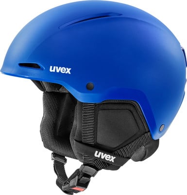Ein blauer Skihelm der Marke Uvex mit schwarzen Details und Riemen. Ein blauer Skihelm der Marke Uvex mit schwarzen Details und Riemen.