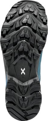 Schuhsohle eines Wanderschuhs mit ausgeprägtem Profil für gute Traktion.