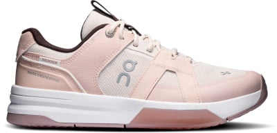 Ein rosa Sneaker mit weißer Sohle und ON-Logo.