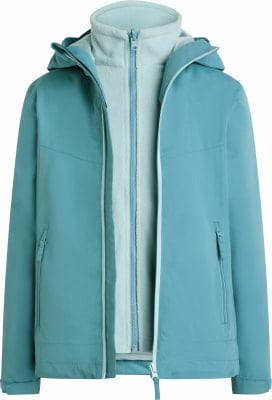 Blaue Jacke mit Fleece-Futter und Kapuze, Reißverschluss.