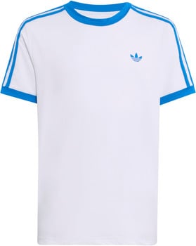 Weißes Adidas T-Shirt mit blauen Streifen an den Ärmeln und Logo.