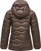 Rückansicht einer braunen Daunenjacke mit Kapuze und Wellensteppung.