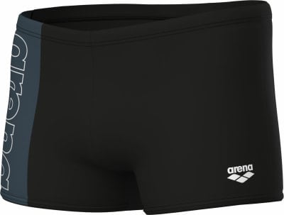 Schwarze Badeshorts mit blauem Streifen und Arena-Logo an der Seite. Schwarze Badeshorts mit blauem Streifen und Arena-Logo an der Seite.