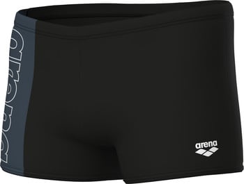 Schwarze Badeshorts mit blauem Streifen und Arena-Logo an der Seite.