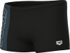 Schwarze Badeshorts mit blauem Streifen und Arena-Logo an der Seite.