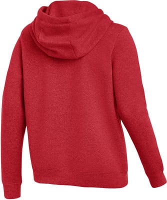 Rückansicht eines roten Hoodies mit langen Ärmeln.