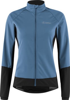 Blaue Jacke mit schwarzen Akzenten und Markenlogo, Reißverschluss.