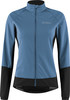 Blaue Jacke mit schwarzen Akzenten und Markenlogo, Reißverschluss.