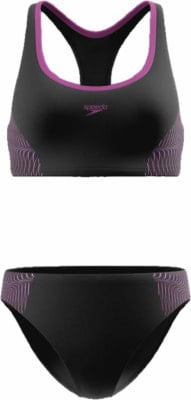 Schwarzer Speedo Badeanzug mit pinkem Rand und Muster. Schwarzer Speedo Badeanzug mit pinkem Rand und Muster.