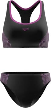 Schwarzer Speedo Badeanzug mit pinkem Rand und Muster.