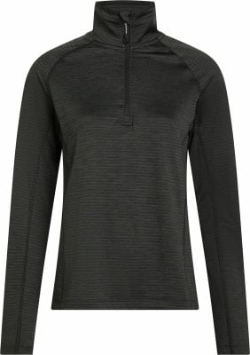 Dunkelgraues Damen-Langarmshirt mit kurzem Reißverschluss am Kragen.