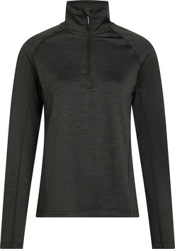 Dunkelgraues Damen-Langarmshirt mit kurzem Reißverschluss am Kragen.