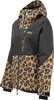 Schwarze Jacke mit Leopardenmuster und Kapuze, Reißverschluss.