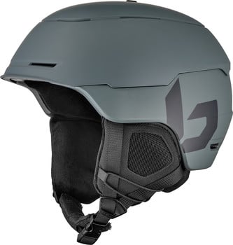 Grauer Skihelm mit schwarzem Logo und verstellbarem Riemen.