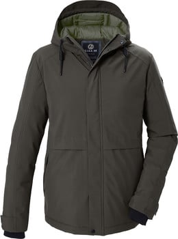 Herren dunkelgrüne Winterjacke mit Kapuze und Reißverschluss.