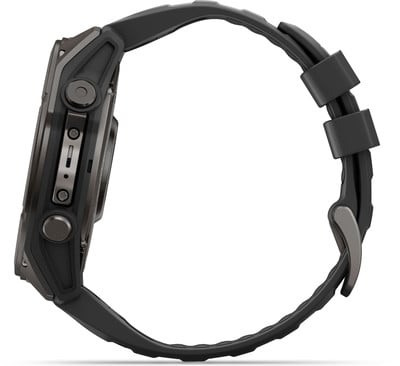 Nahaufnahme einer schwarzen Smartwatch mit seitlichen Tasten. Nahaufnahme einer schwarzen Smartwatch mit seitlichen Tasten.