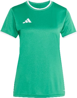 Grünes Adidas-T-Shirt mit weißem Logo und Besatz an Ärmeln und Kragen. Grünes Adidas-T-Shirt mit weißem Logo und Besatz an Ärmeln und Kragen.