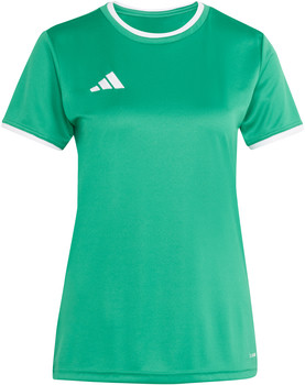Grünes Adidas-T-Shirt mit weißem Logo und Besatz an Ärmeln und Kragen.