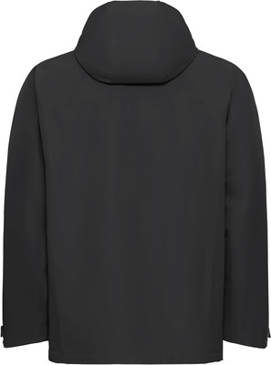 Rückansicht einer schwarzen Kapuzenjacke mit langen Ärmeln. Rückansicht einer schwarzen Kapuzenjacke mit langen Ärmeln.