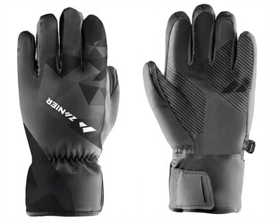 Vorder- und Rückansicht schwarzer Skihandschuhe mit Muster.