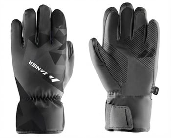Vorder- und Rückansicht schwarzer Skihandschuhe mit Muster.