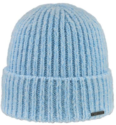 Eine blaue Rippstrickmütze mit dezentem Logo am Rand. Eine blaue Rippstrickmütze mit dezentem Logo am Rand.